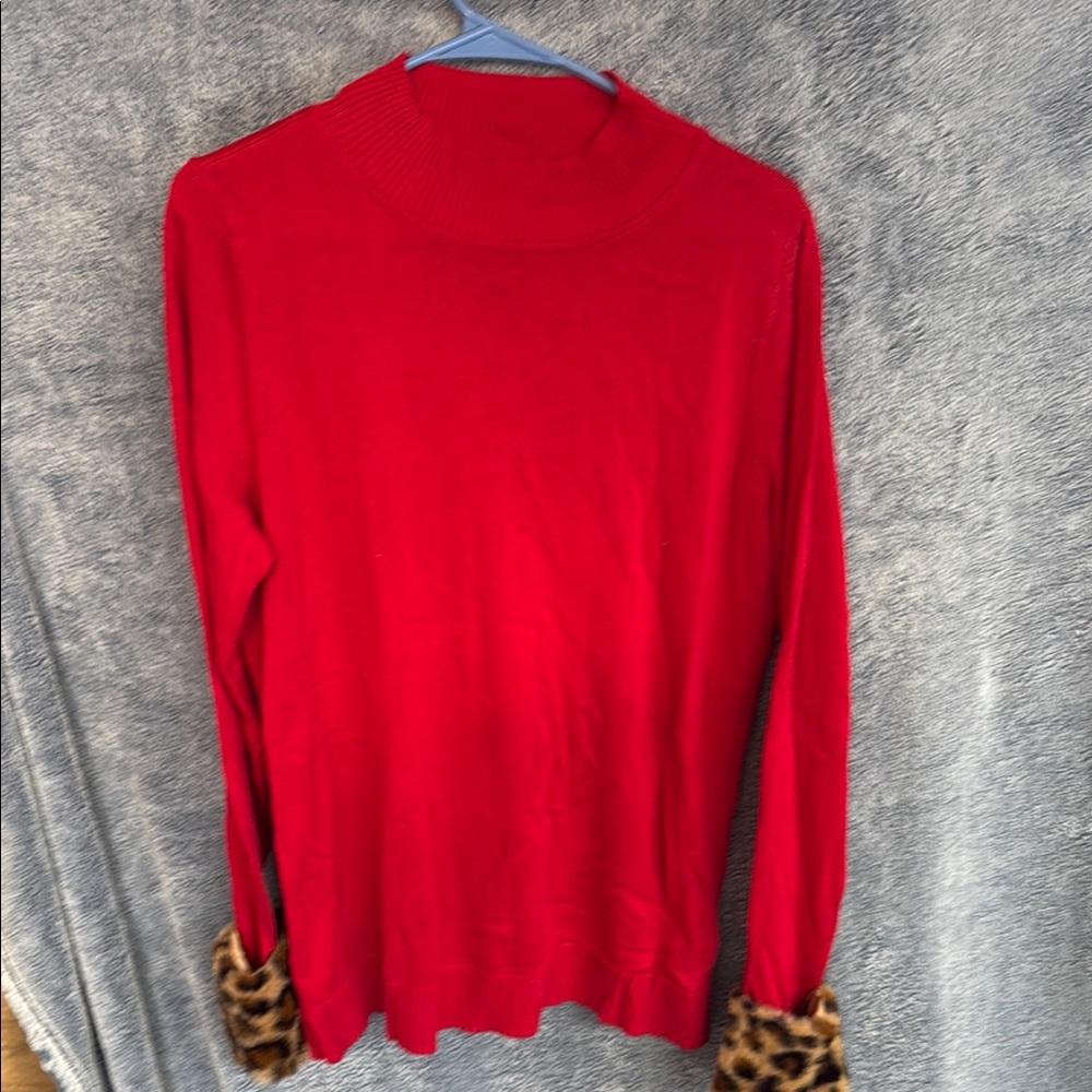 Belle by Kim Gravel Red Cowl Neck Sweater with Animal Print Accents